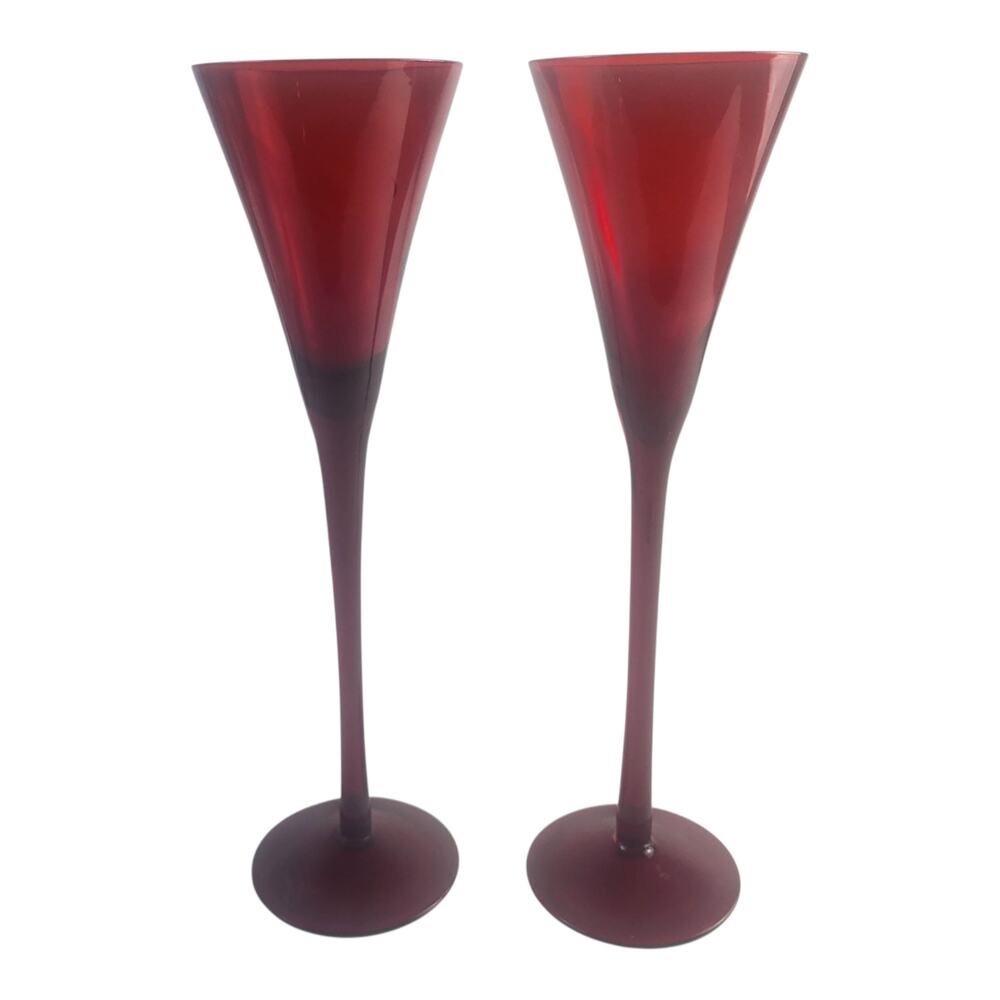 Ruby Red Hand-Blown Champane Flute Glasses Set~2